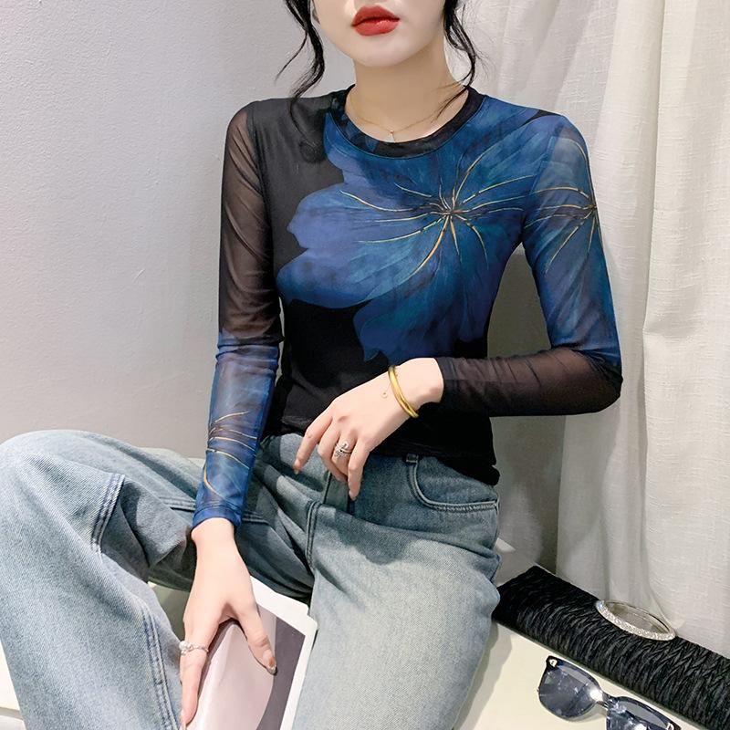 Mesh Base Shirt for Women Thin Spring Print Fashionable Top Slim and Versatile Round Neck Long Sleeve T-shirt