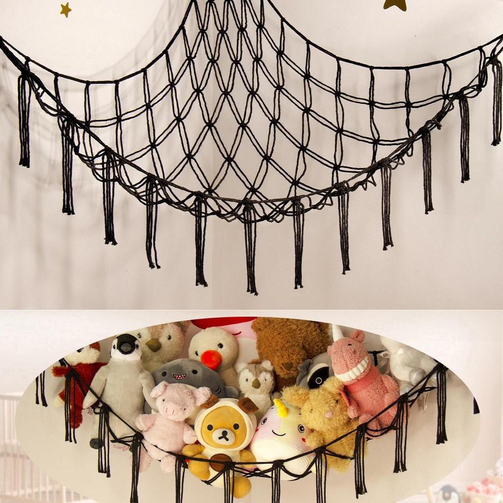 Corner Hanging Woven Cotton Rope Toy Storage Net with Tassels