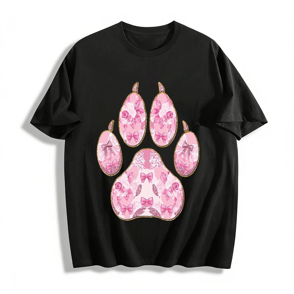 Pink Rose Bow Paw Print Casual Top For Women Pure cotton T-shirt XXS