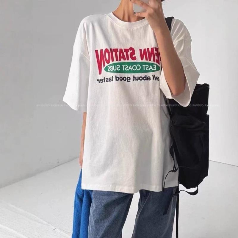 Letter-printed Short-sleeved T-shirt for Women, Loose-fitting Casual Blouse