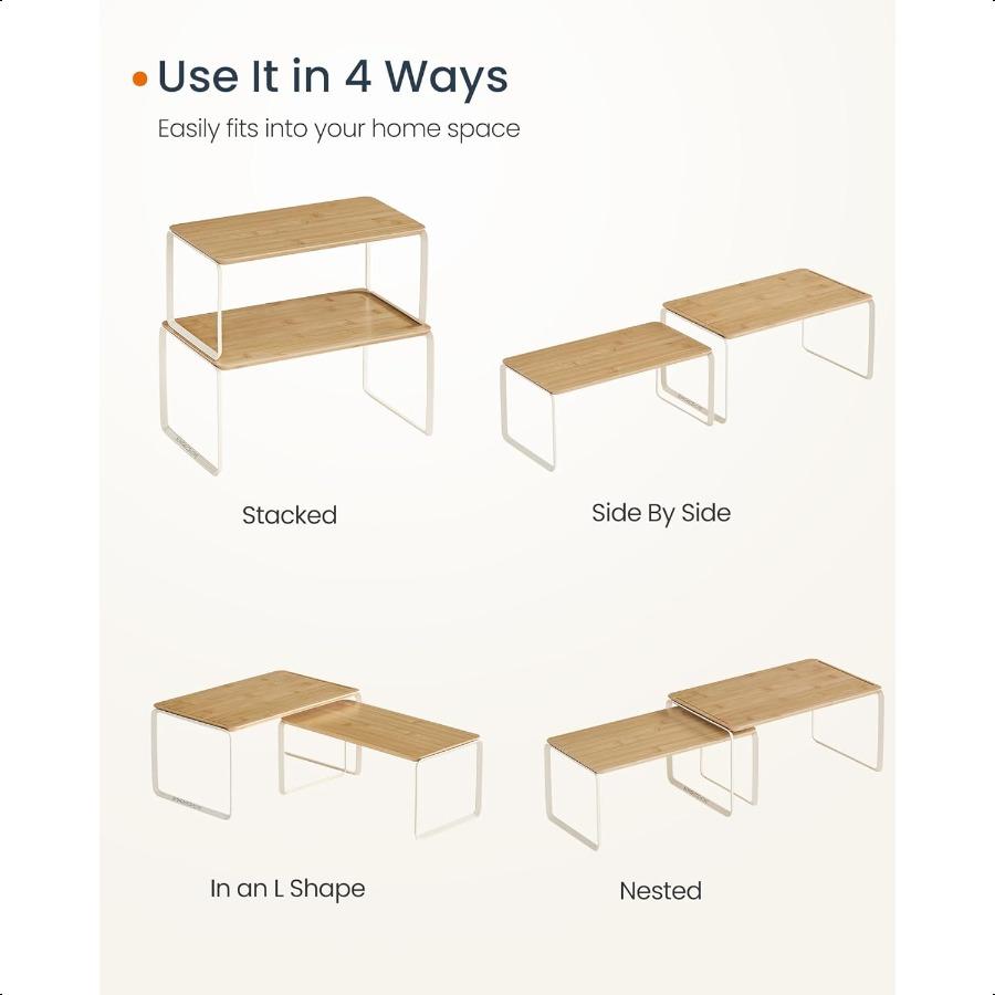 Bamboo Cabinet Organizer Shelf NiceLooking Set of 2 Kitchen Counter Shelves Kitchen Storage Spice Rack Stackable Expandable Nat