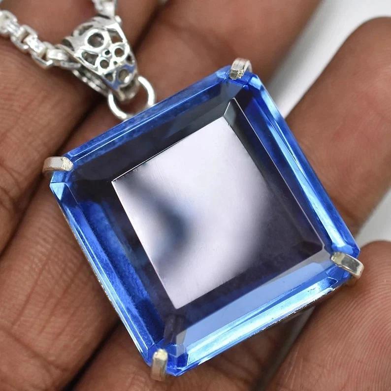 100 Ct Natural Blue Topaz Asscher Cut 925 Sterling Silver Gemstone Pendant