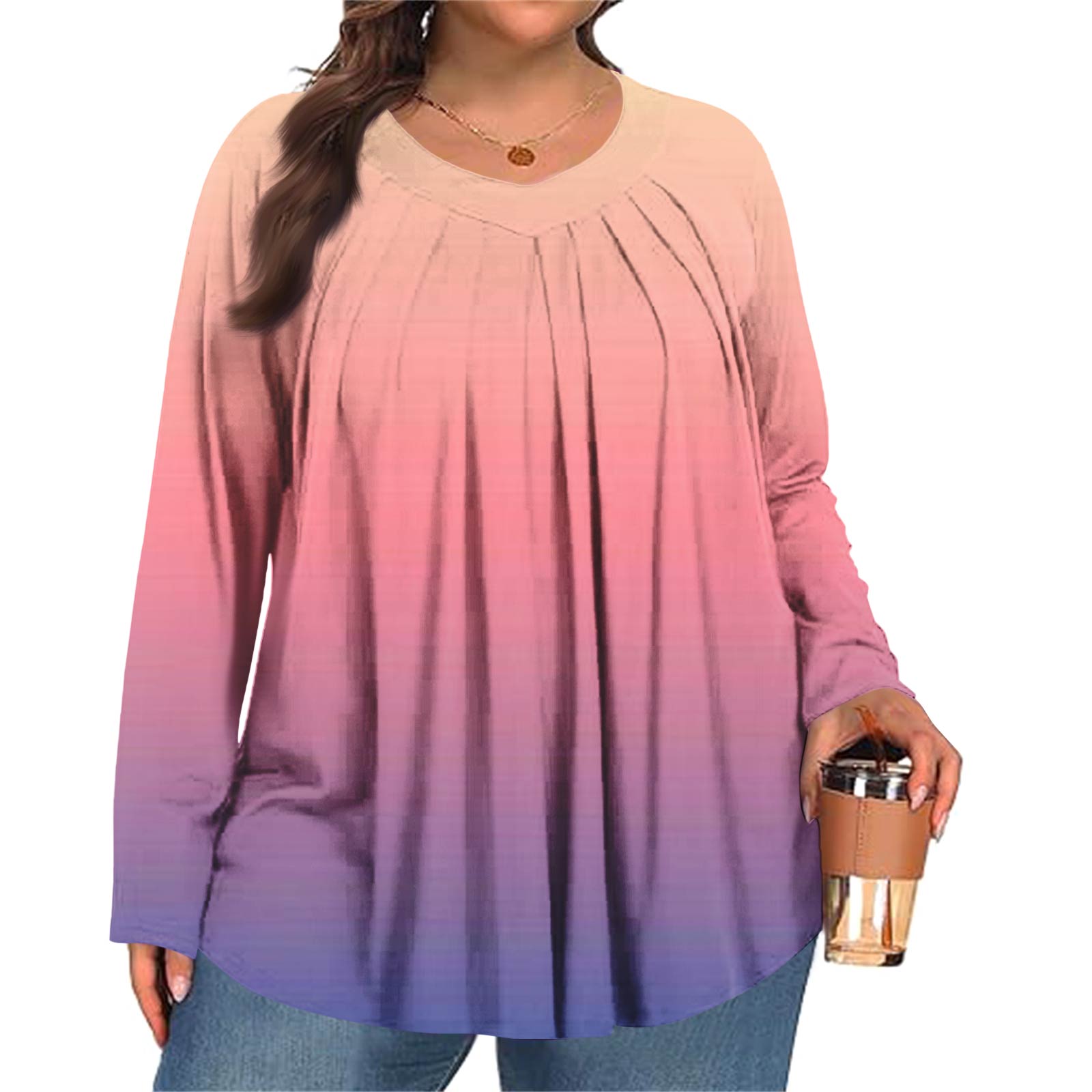 

Women s Plus Size Fashion Printed Casual Pleated Round Neck Long Sleeve Top XXL