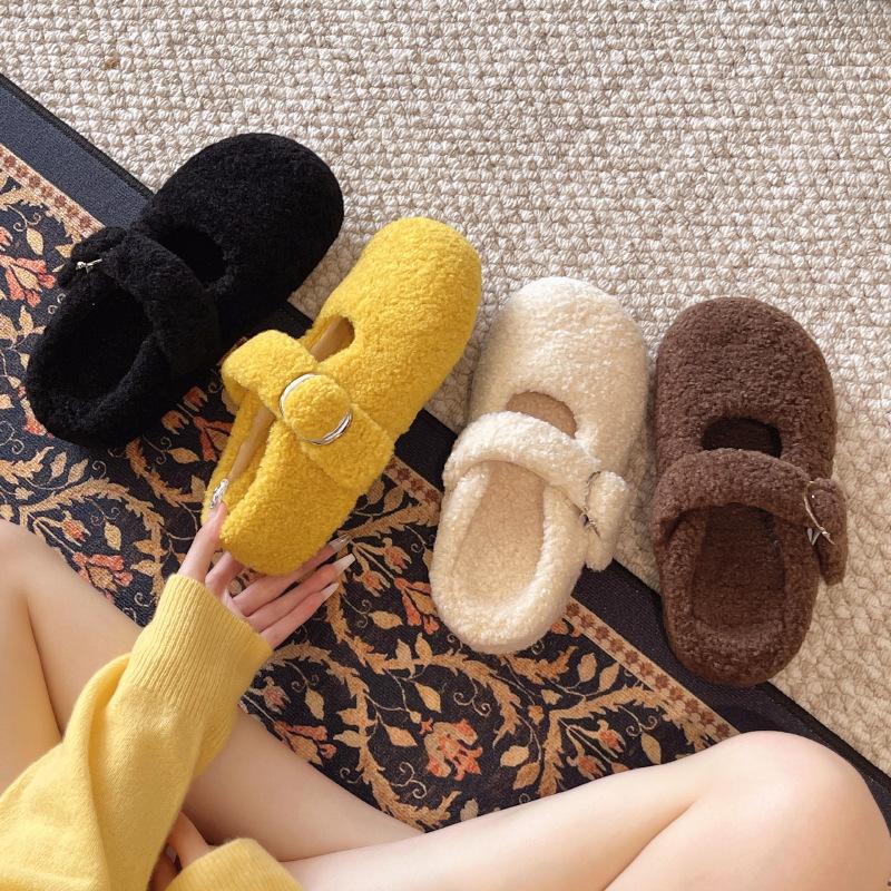 Thick-soled Fluffy Slippers Women's New Autumn and Winter Outer Wear 2025 Direct Supply for One-pedal Small Height-increasing Flat-bottomed Slippers