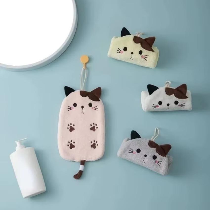 1 Pcs Super Absorbent Hanging Type Cat Embroidered Towelette Home Decor Dual Purpose Coral Velvet Hand Towel Bathroom Supplies