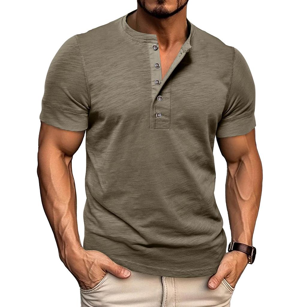 Men’s T-shirts Henley Collar Short Sleeves Cotton Polo Shirts Solid Color Casual Tops