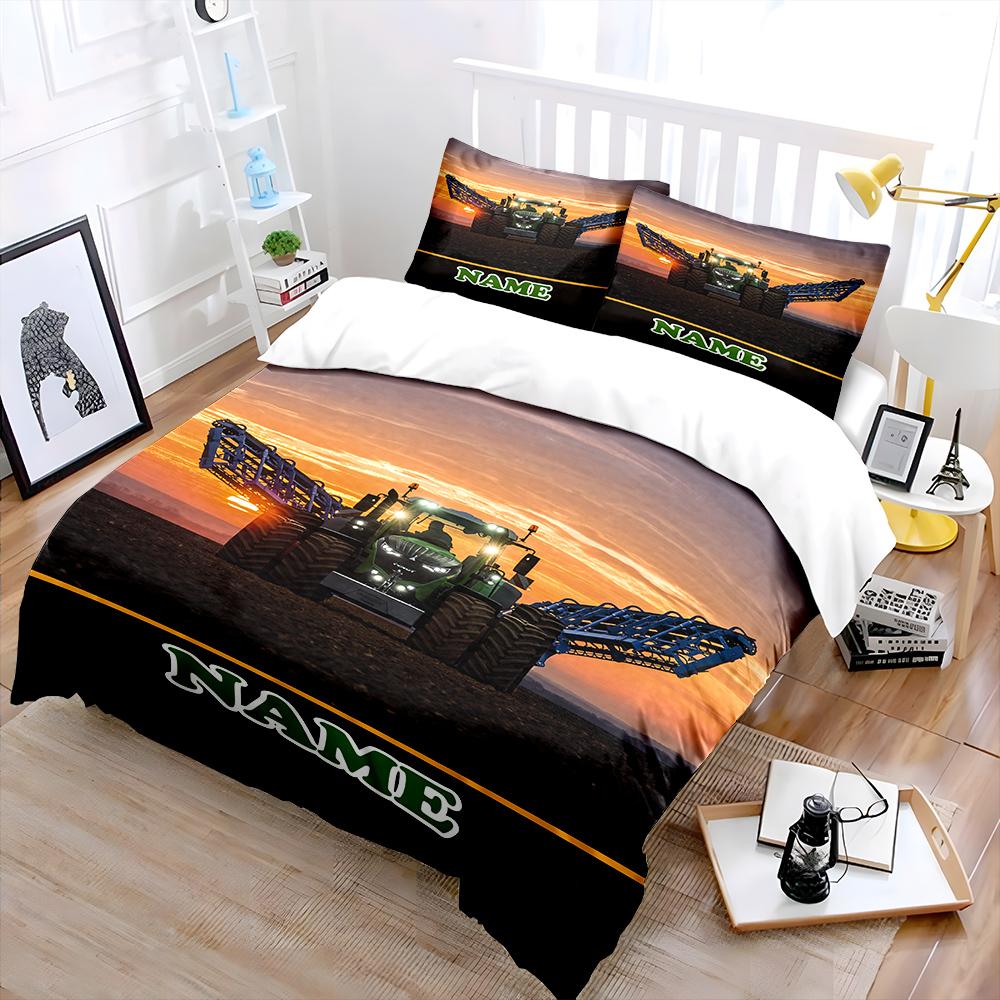3Pc Custom Name Farm Tractor Printed Bedding Set Cartoon Anime Duvet Cover Comforter Pillowcase Boys Girls Children Adults King