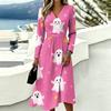 Women's Halloween Printed V-Neck Long Sleeve Dress with Pockets