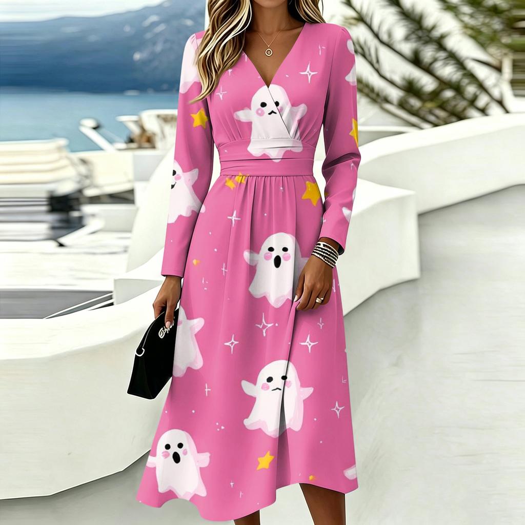 Women's Halloween Printed V-Neck Long Sleeve Dress with Pockets