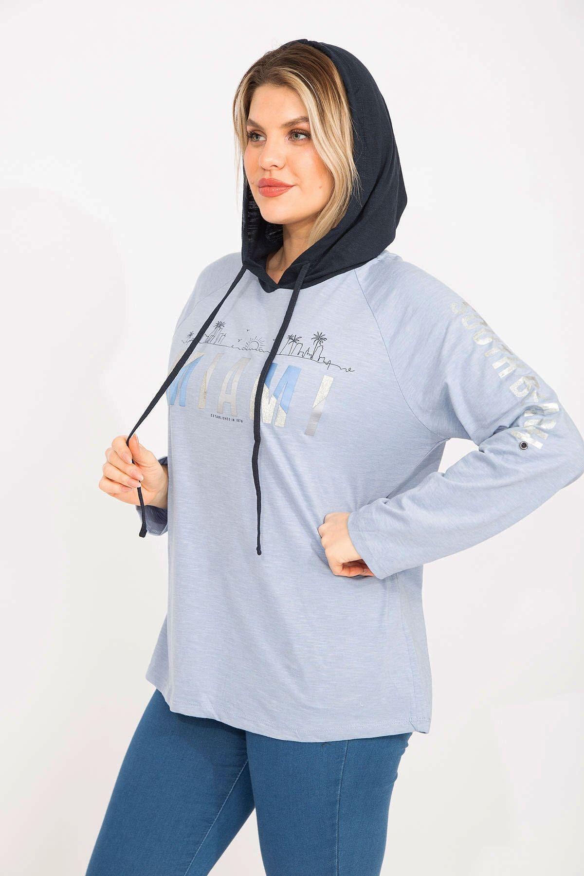 

Women s Style Plus Size Tunic Large Size Blue Glitter Printed Hooded Tunic 3XL