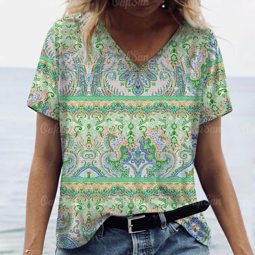 Vintage Damen T-Shirt Ethnischer Blumendruck Übergroße Bluse Damen Trendige Kleidung Mode Kurzarmshirt Damen V-Ausschnitt Hund