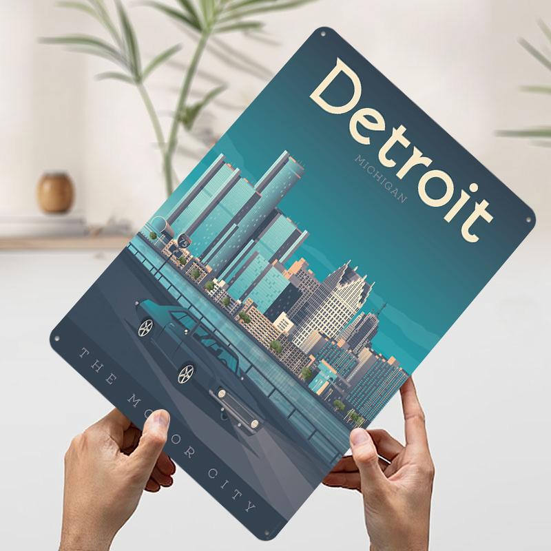 Detroit Travel Printed Poster Customized Wall Art Retro Vintage Metal Tin Signs for Room Home Decorations Bedroom Decoration