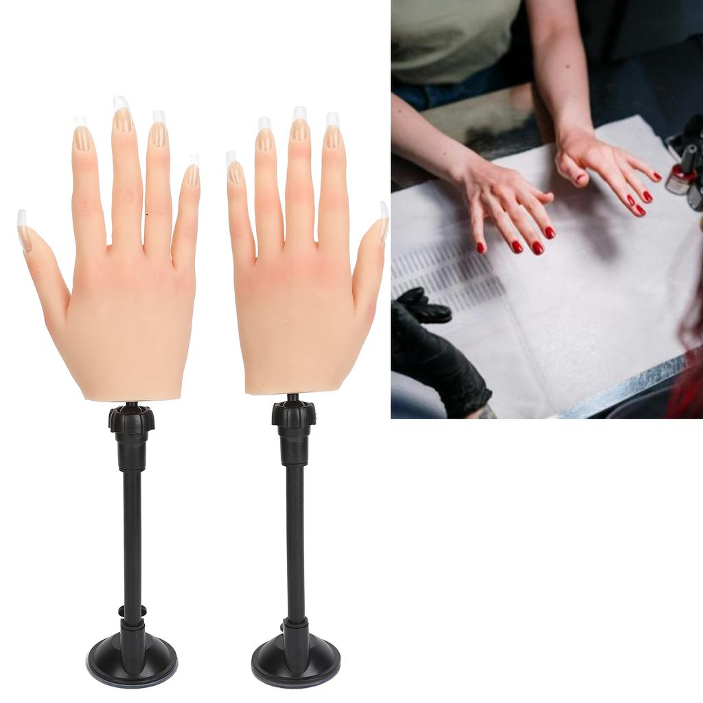 2pcs Nail Art Practice Hand Bendable Joints Silicone Nail Training Hand with Suction Cup Stand Nail Tips