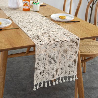 Wide Splicing Pastoral Crochet Knitted Hollow Dining Table Cloth Tassel Table Flag Manufacturer