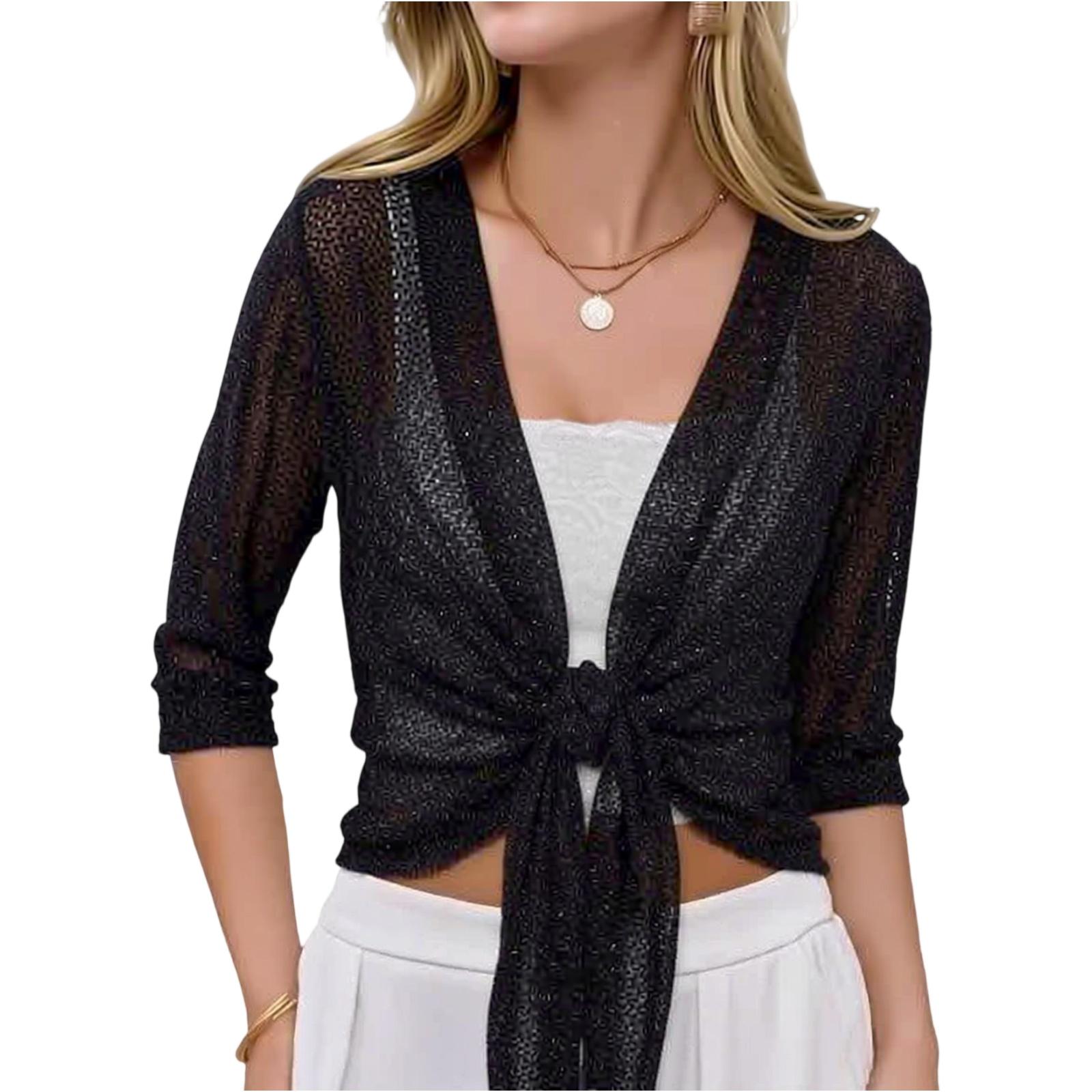 Master key Dames Sheer Mesh Open Voorkant Strik Taille Cropped Vest Driekwart Mouw Lichtgewicht Gebreide Top M