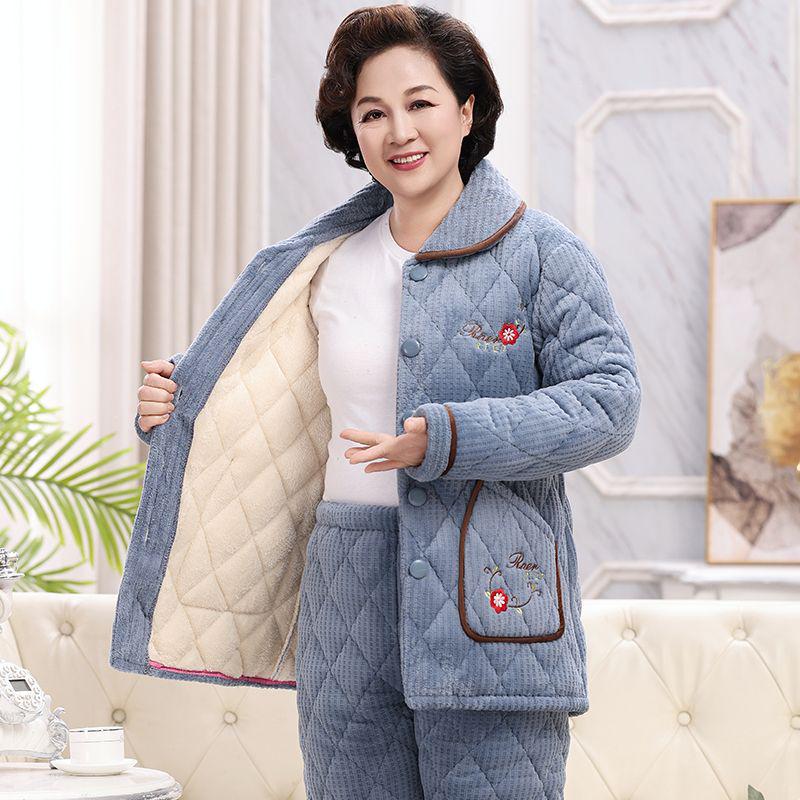 Women's Super Thick Three-Layer Velvet Pajamas - Winter Coral Fleece Quilted Homewear for Adults