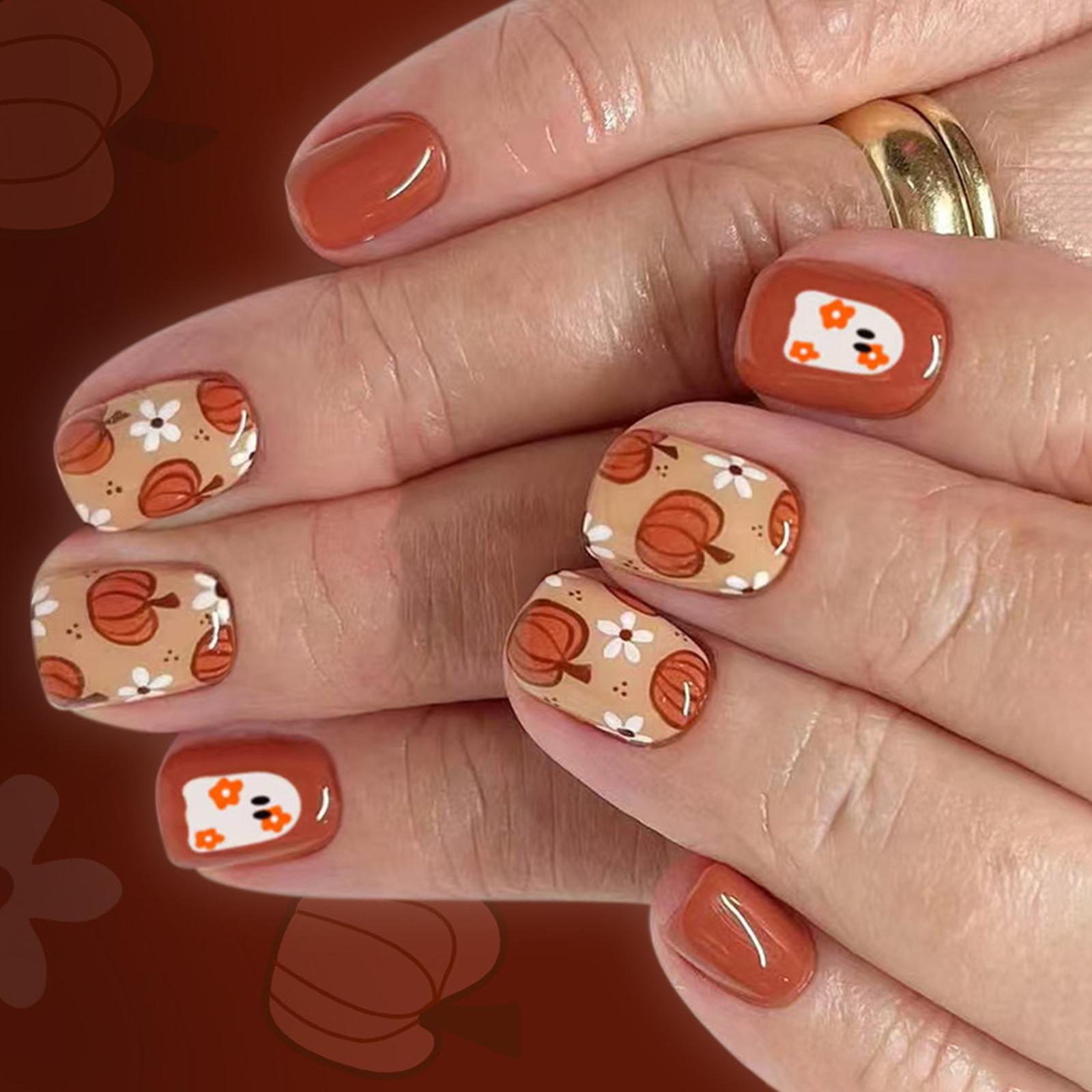 

24 шт. Хэллоуин Блестящие Тыква Эссенция Накладные типсы Короткие Квадратные Искусственные типсы Французский Цветочный Дизайн Не Нужны Инструменты