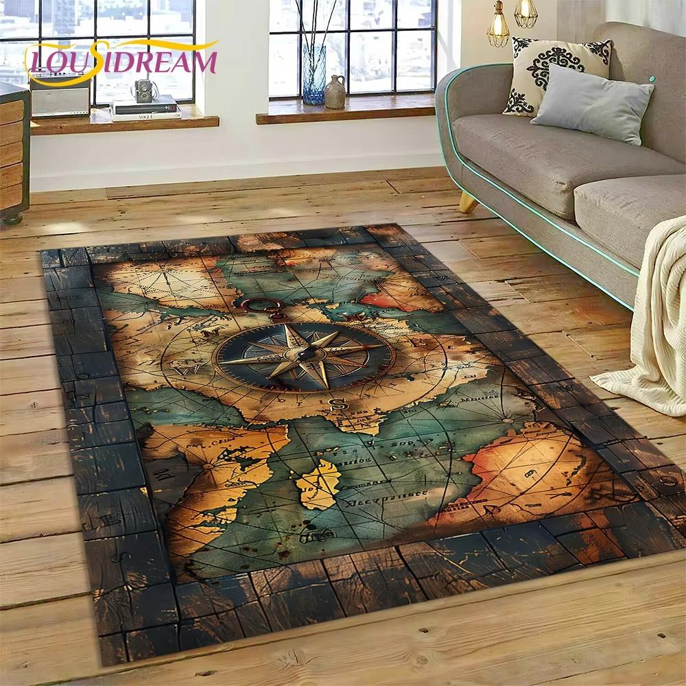 Ancient Nautical Chart World Map Compass Rug Carpet for Living Room Bedroom Decor,Floor Mat Non-slip Decoration for Sofa Doormat