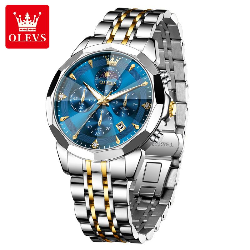 OLEVS Mens Watch Original Business Brand Quartz Watch Rhombus Mirror Waterproof Luminous Automatic Date Moon Phase Watch