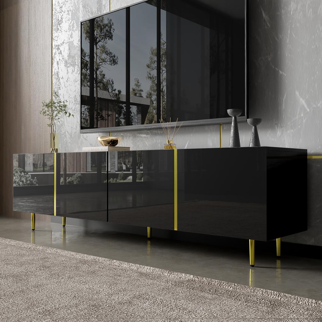 Black High-gloss TV Cabinet with 4 Doors, Modern and Simple, In Black-gold Color Combination