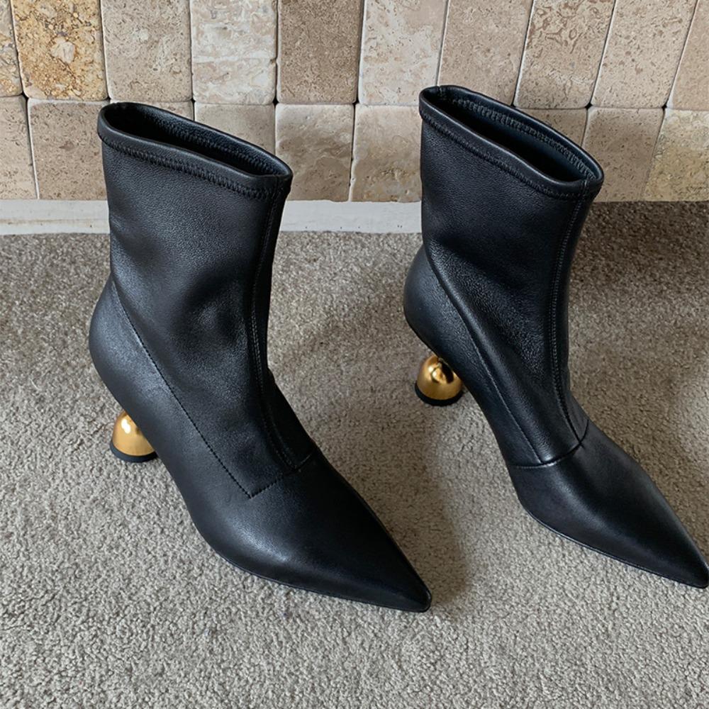 Woman Ankle Boots Strange Style Heel Black Modern Boot Pointed Toe 6.5cm High Heels Soft Leather Woman  Trend Shoes