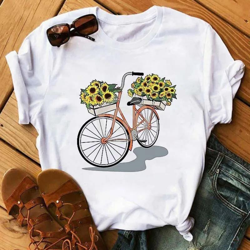 Bicycle Flower Print Tshirt Short Sleeve Round Neck Womens Dress Tops Graphic T Shirts Aesthetic Aesthetic Clothes Kawaii