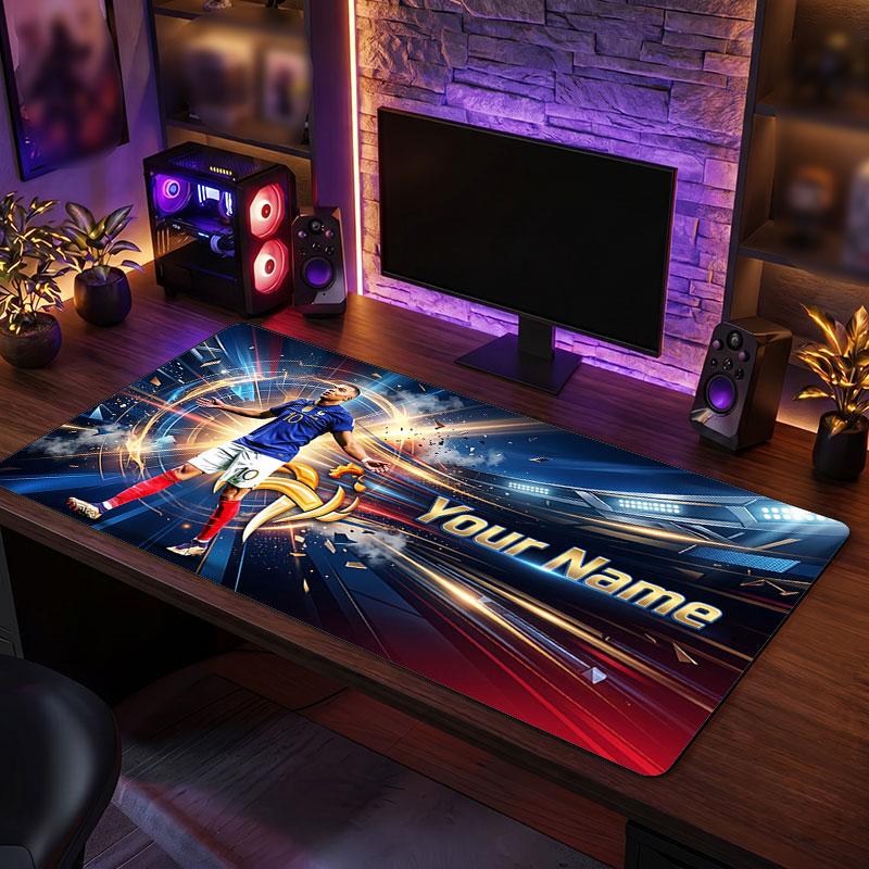 Kylian Mbappe Custom Large Mouse Pad, Personalized Name Text Print, Football Logo Non‑Slip Desk Mat Gaming Gift