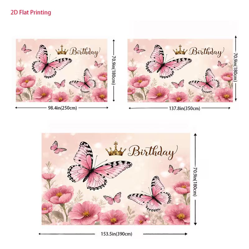 2D Princess Birthday Backdrop Pink Butterflies & Golden Crown Party Background Cloth