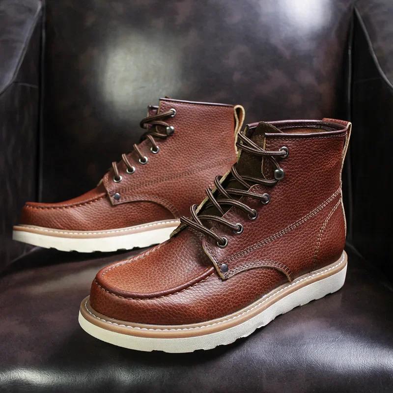 2024 New Winter Boot Cowhide 2024 Lace up Leather Autumn Shoes Men 2024 Retro British Outdoor Round Head Flat heel Work Boots