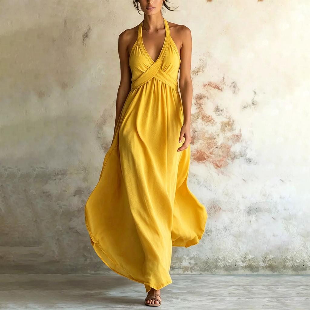 Women's Fashionable And Sexy  V Neck Hanging Neck Off Shoulder Sleeveless Casual Temperament Dress