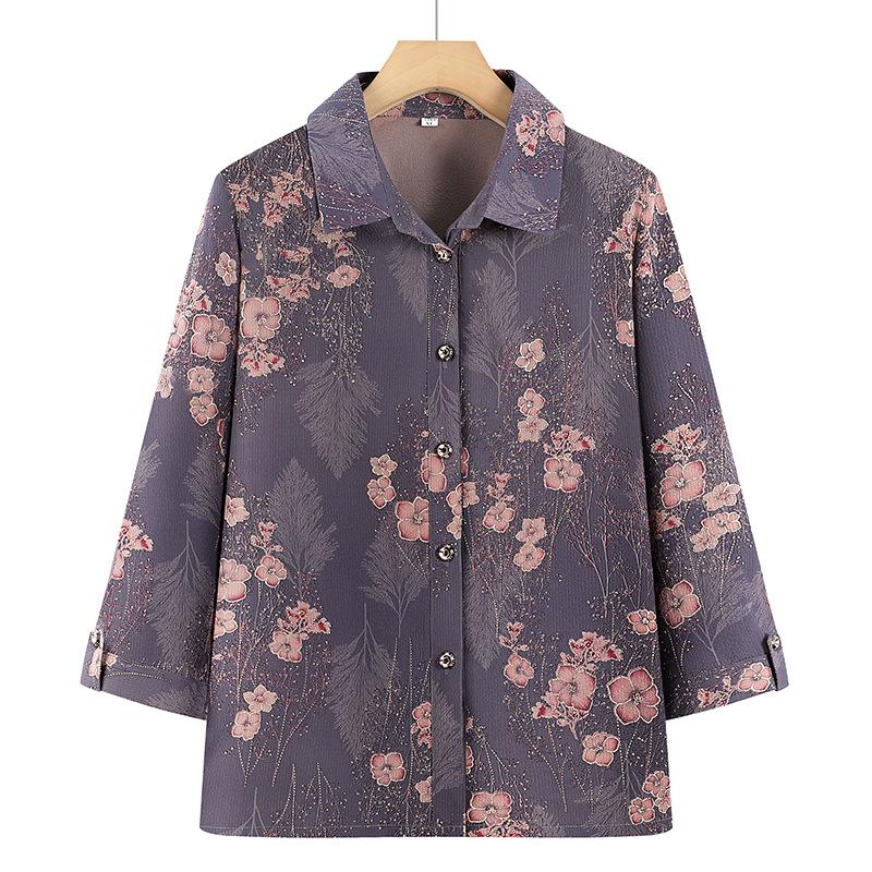 Grandma Chic Seven-Sleeve Lightweight Blouse for Elderly Women - Plus Size Summer Top 4XL (suggested for 130-140 jin) фиолетовый
