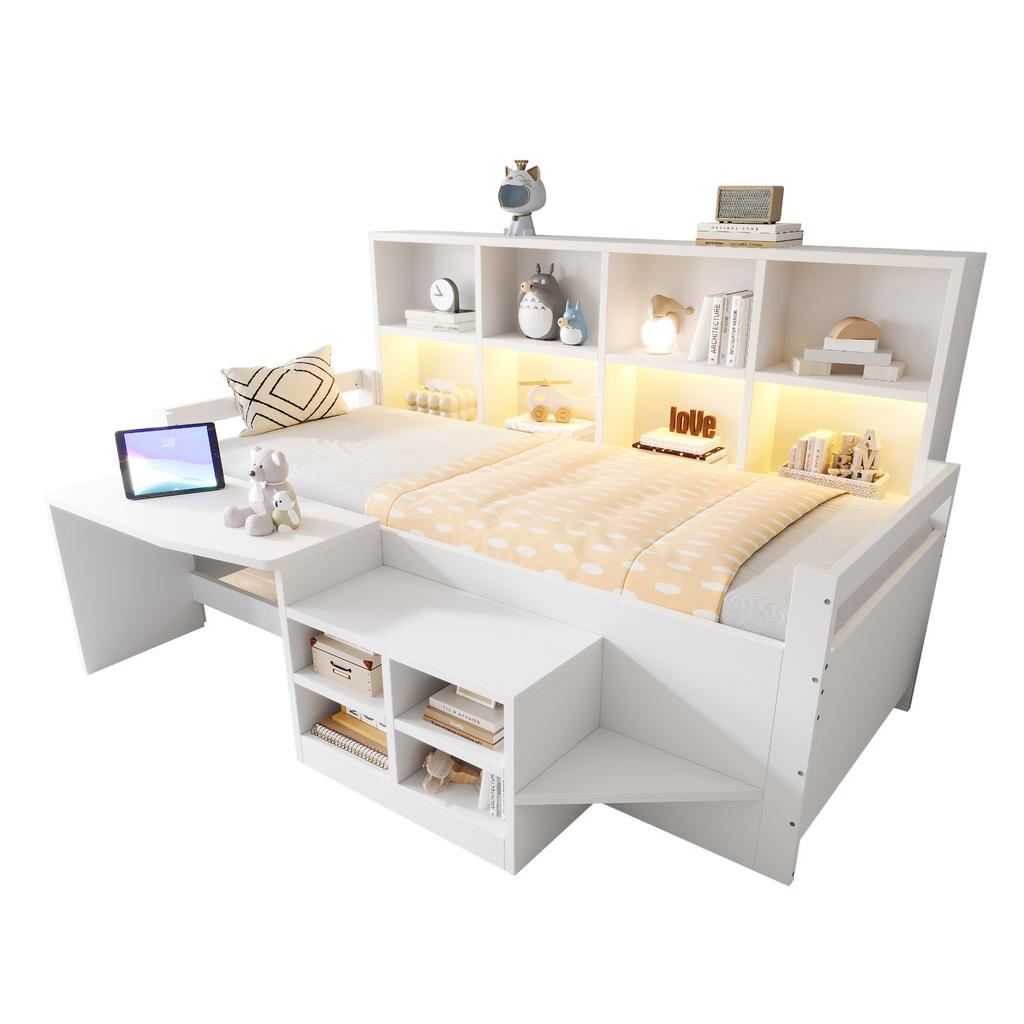 Children's Bed 90×200 Cm, Desk With Storage And Sockets, LED Light Strip And Multi-level Shelves, Single Bed Made Of Solid Wood, Youth Bed, White