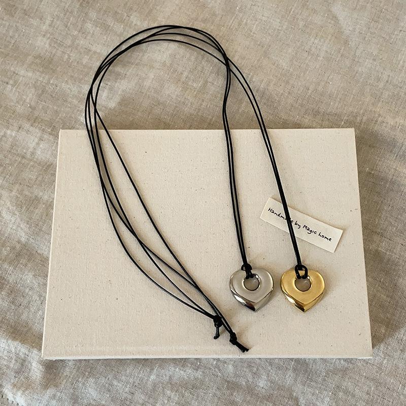 Colier lung cu frânghie din piele neagră, metal, gol lucios, lanț pentru gât, versatil, lanț pentru pulover