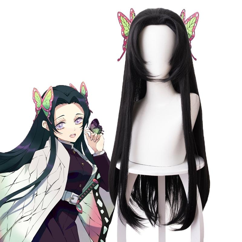 Kochou Kanae Wig Anime Kimetsu No Yaiba Cosplay Synthetic Black Long Hair Butterfly Headwear Halloween Cos Props
