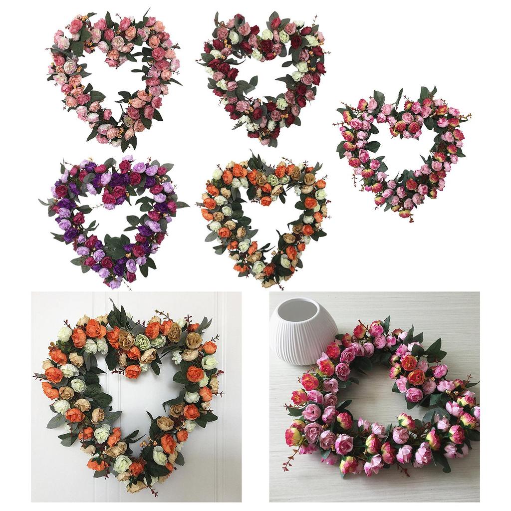 Heart-Shaped Rose Wreath Simulation Wall Hanging Knocker 14" Welcome Garland for