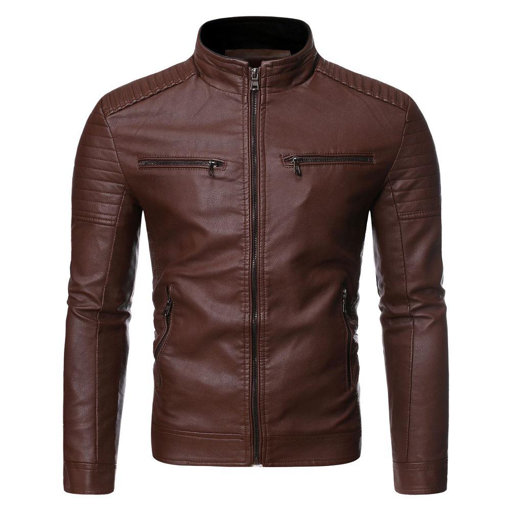 Men's Casual Washed PU Leather Motorcycle Jacket - Slim Fit, Autumn/Winter 2023 Trend