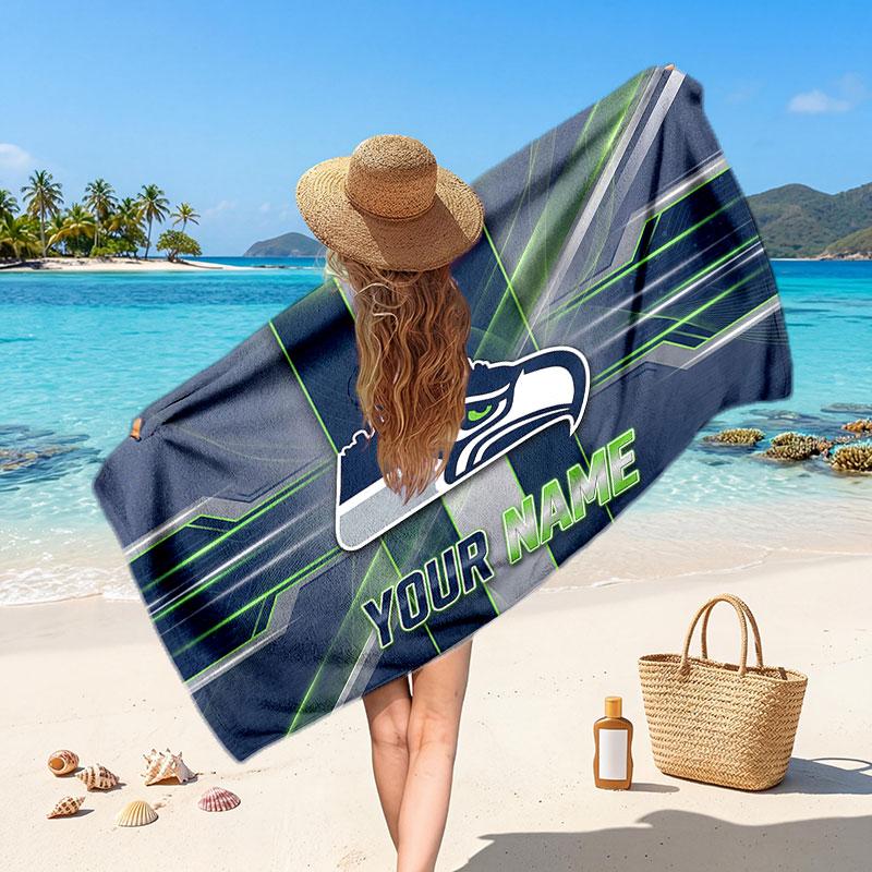 Seattle Seahawks Customized Name Text Beach Towel, Soft Absorbent Towel Beach Pool Travel Personal Gift