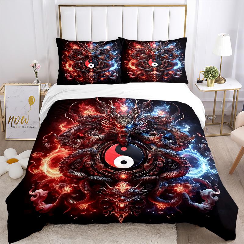 3pcs Fire and Ice Yin Yang Dragons Bedding Set - Includes Quilt Cover and Pillowcases, Suitable for All Seasons,