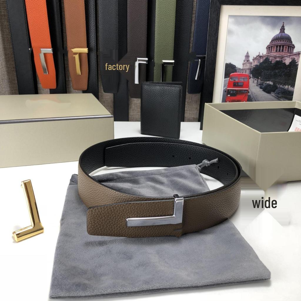 Cinturón de Hombre de Cuero Genuino en Forma de T de Doble Cara con Hebilla de Letra