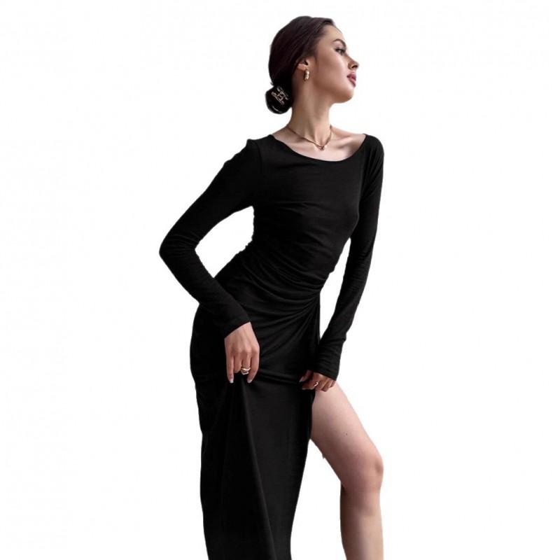 French Style White Crew Neck Dress Women Slim Waist Pleated Slit A-Line Long Sleeve