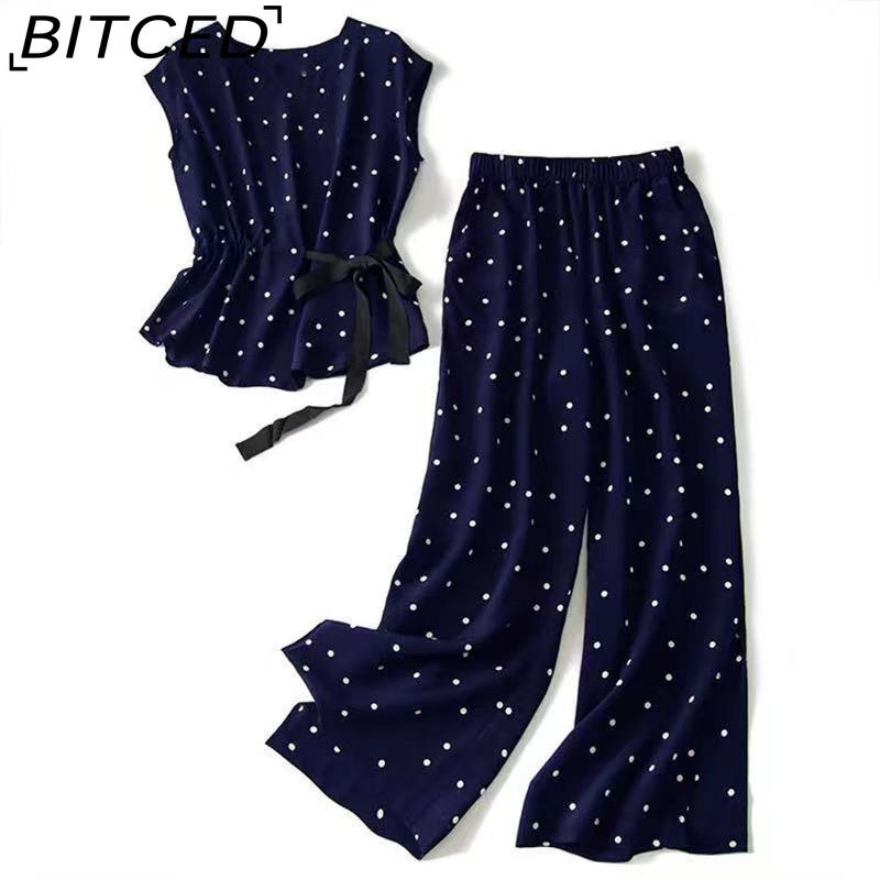 

BITCED Летний модный комплект из двух предметов из шифона, утягивающий талию, утягивающий, топ в горошек и широкие брюки XXXXL темно-синий