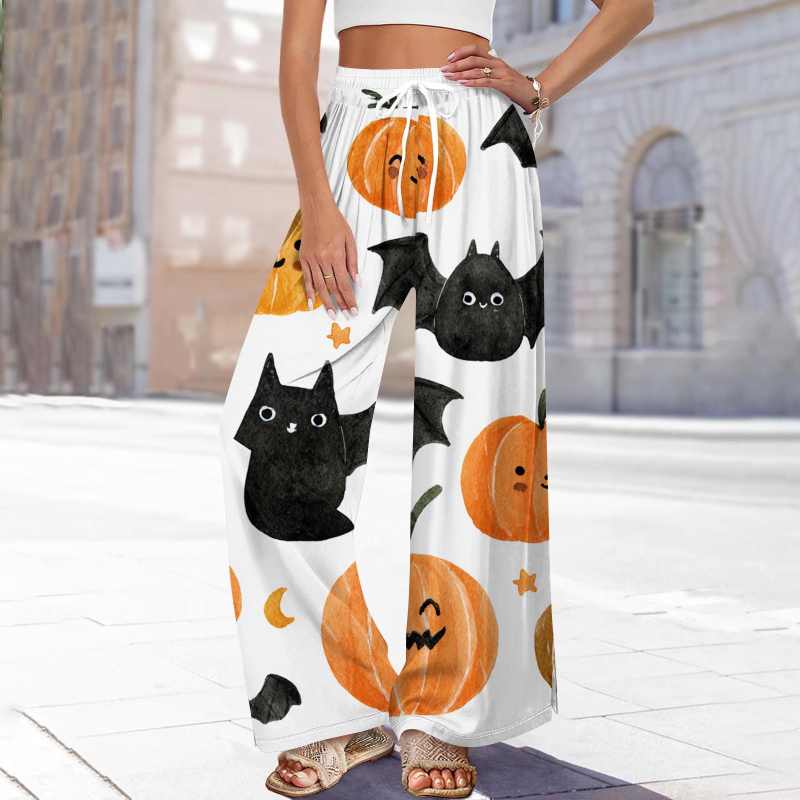 

Женские повседневные модные брюки прямого кроя с широкими штанинами, эластичной талией на кулиске, карманами и принтом на Хэллоуин M белый