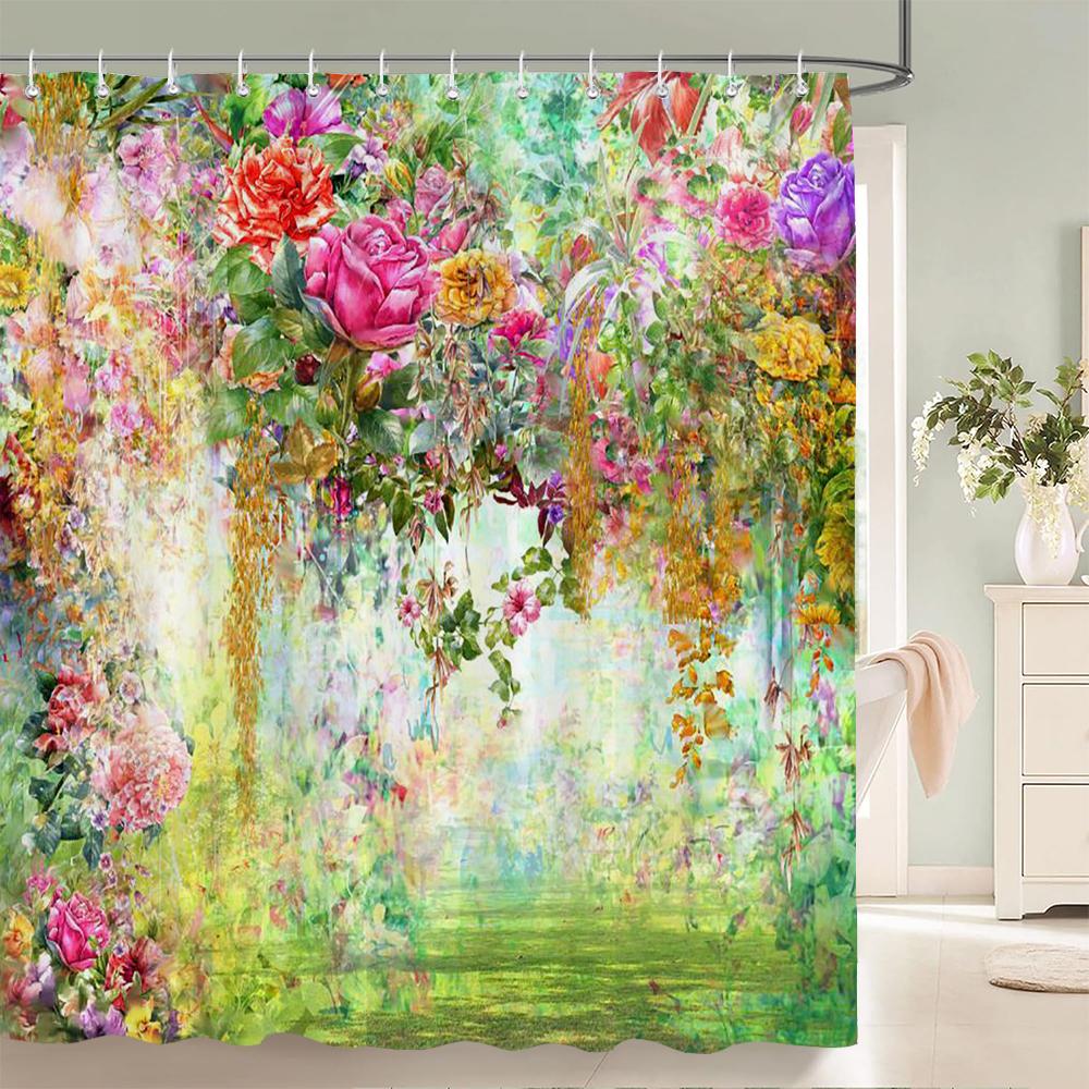 Flowers Butterfly Pattern Shower Curtains Bathroom Curtains Waterproof Polyester Bath Curtain with 12 Hooks Shower Curtain