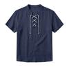 Men's Linen‑Blend Lace‑Up Stand‑Collar Shirt, Crisscross Tie Front V‑Neck, Short Sleeve, Breathable Relaxed‑Fit Medieval Renaissance Casual Summer Top