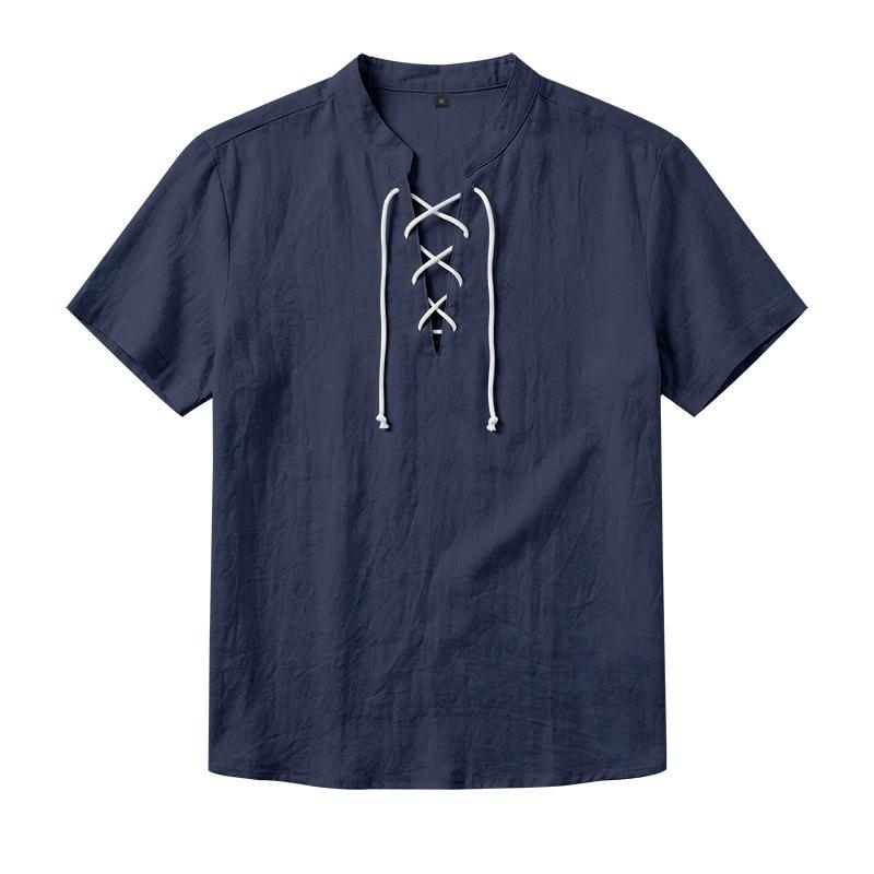 Men's Linen‑Blend Lace‑Up Stand‑Collar Shirt, Crisscross Tie Front V‑Neck, Short Sleeve, Breathable Relaxed‑Fit Medieval Renaissance Casual Summer Top