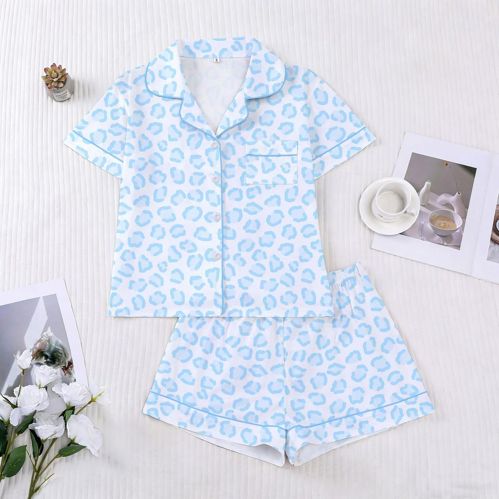 New women's pajamas printed lapel collar short-sleeved shorts European and American loungewear women pajamas