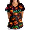 Women's Halloween Print Loose Fit V Neck Short Sleeve Nurse Scrub Top with Pockets Casual Medical Uniform Shirt