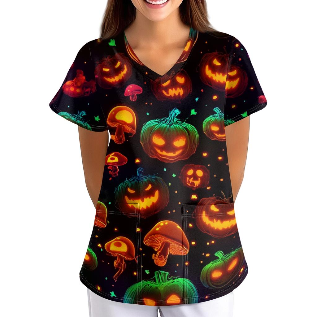 Women's Halloween Print Loose Fit V Neck Short Sleeve Nurse Scrub Top with Pockets Casual Medical Uniform Shirt
