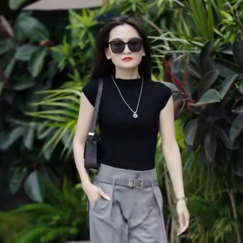 

Gray Spring/Summer High Waist Slim Looking Casual Long Pants Suit Black single top(All yards) M [47.50 kg-52.50 kg]]