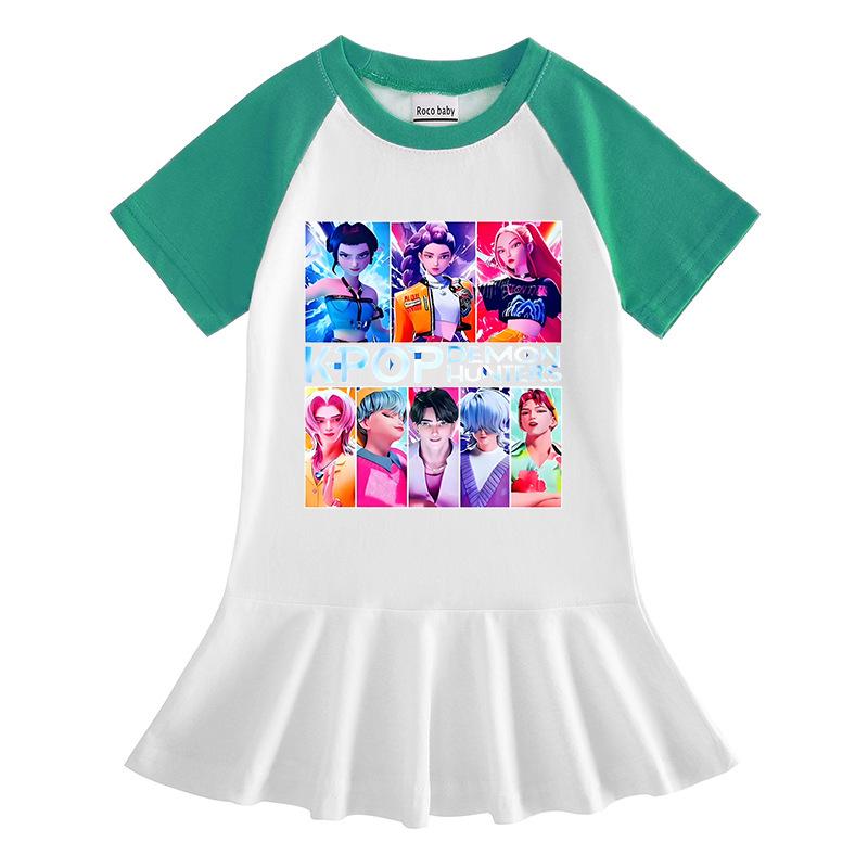 Kpop Witcher Girls Cartoon Pleated Short-Sleeve Summer Dress for Kids